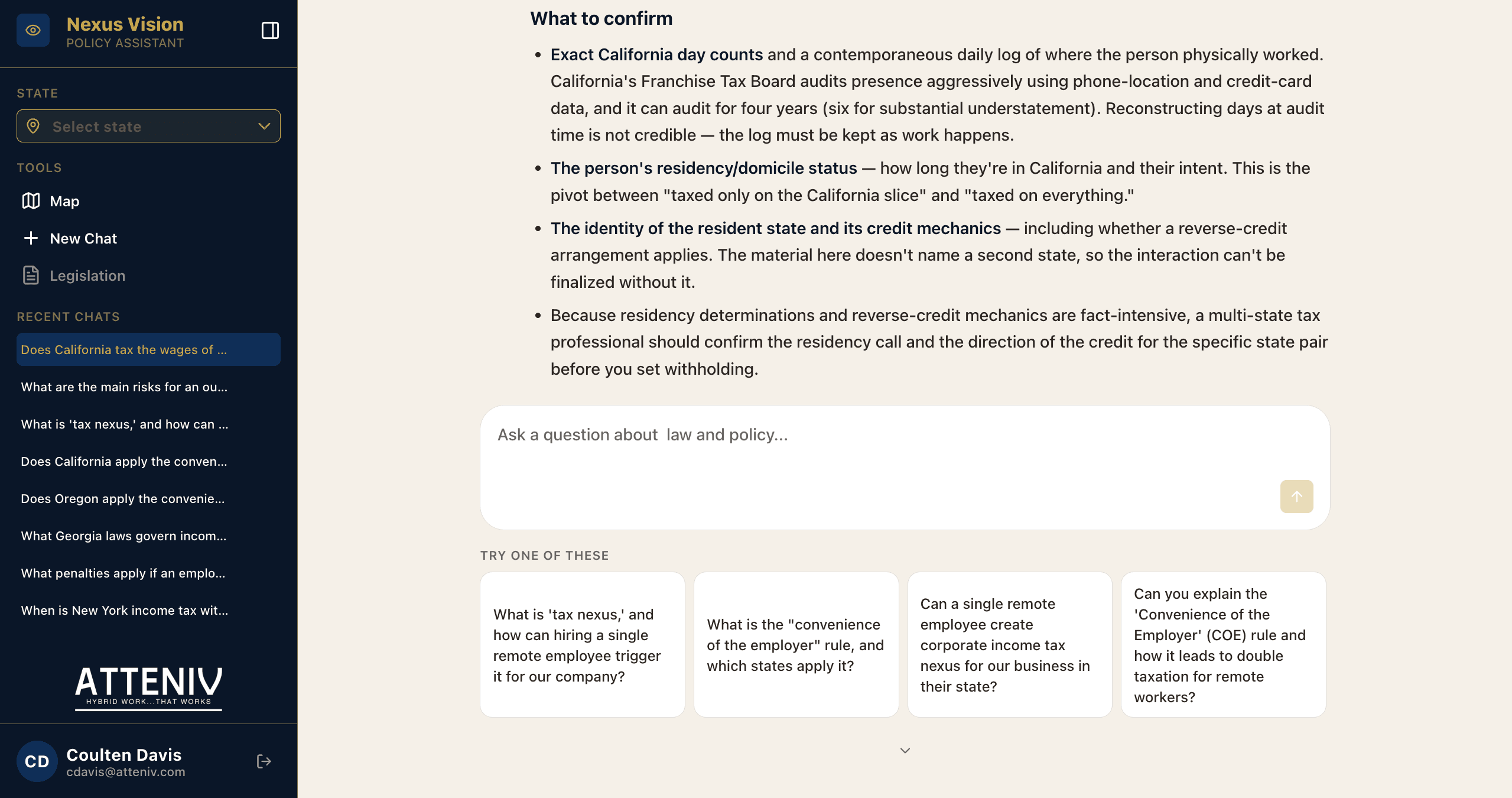 Nexus Vision AI chat answering plain-English questions about state tax nexus.