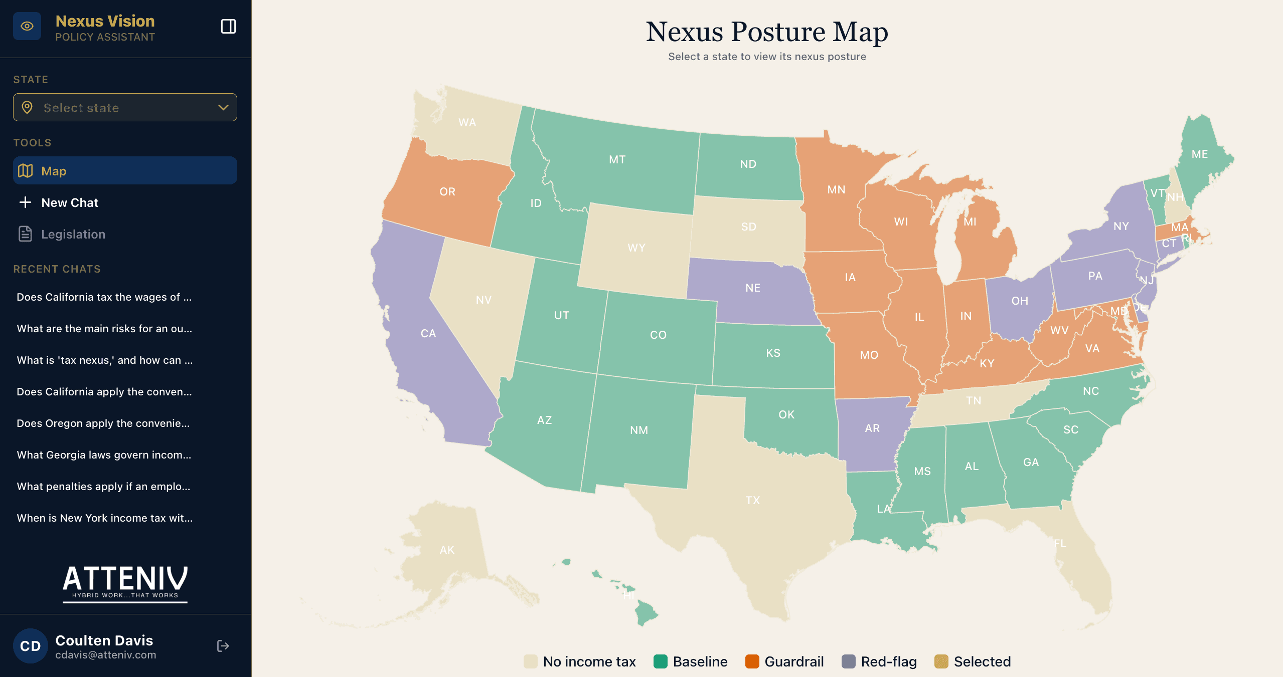 Nexus Vision posture map color-coding remote-work tax nexus complexity across all 50 states.
