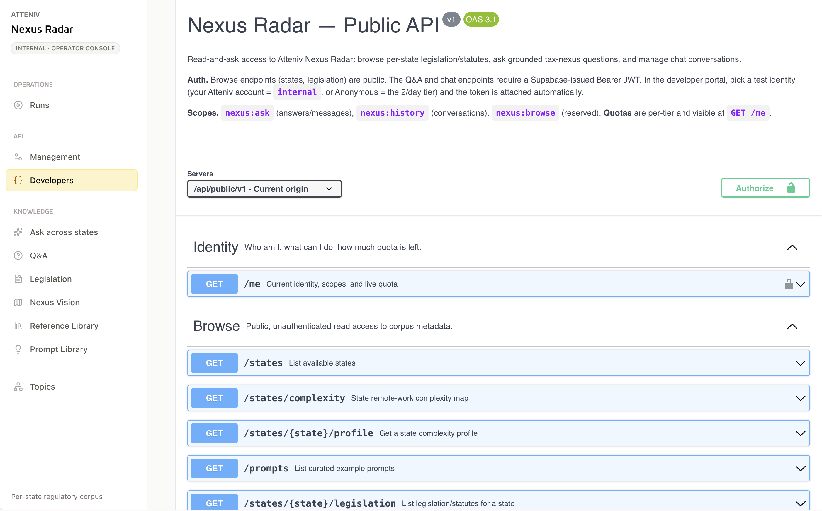 Nexus Radar API documentation showing OpenAPI 3.1 specification with public browse and authenticated Q&A endpoints