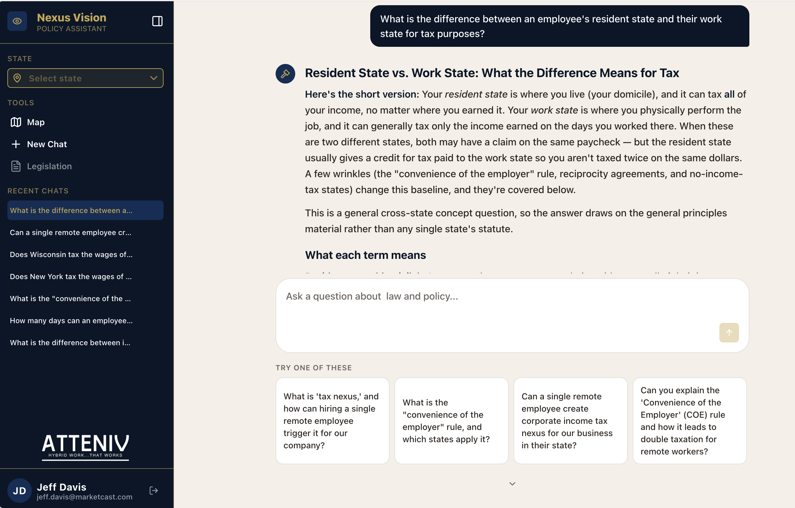 Nexus Vision chat interface answering a question about resident state vs. work state tax differences
