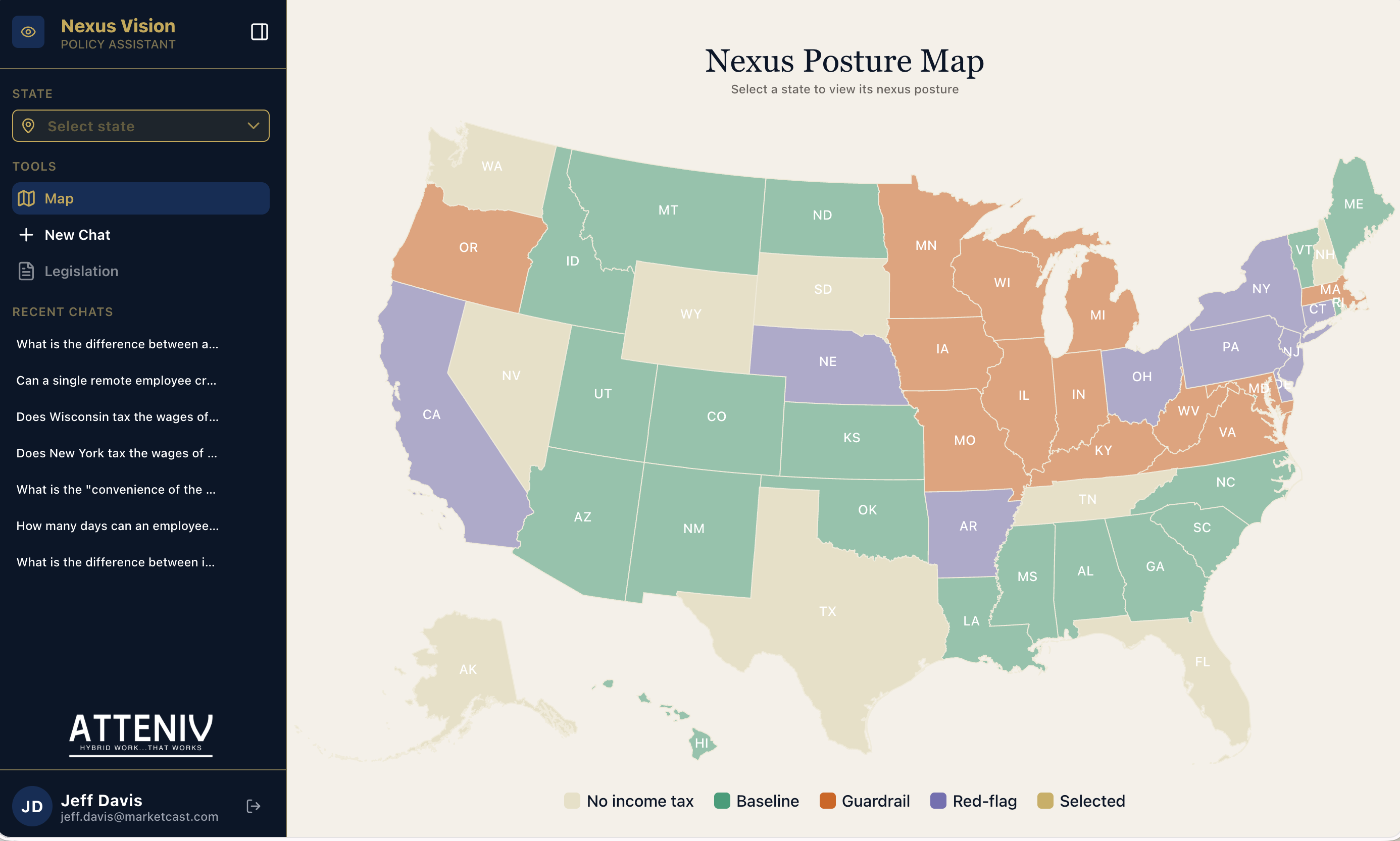 Nexus Vision posture map showing color-coded US states by tax complexity — no income tax, baseline, guardrail, and red-flag categories