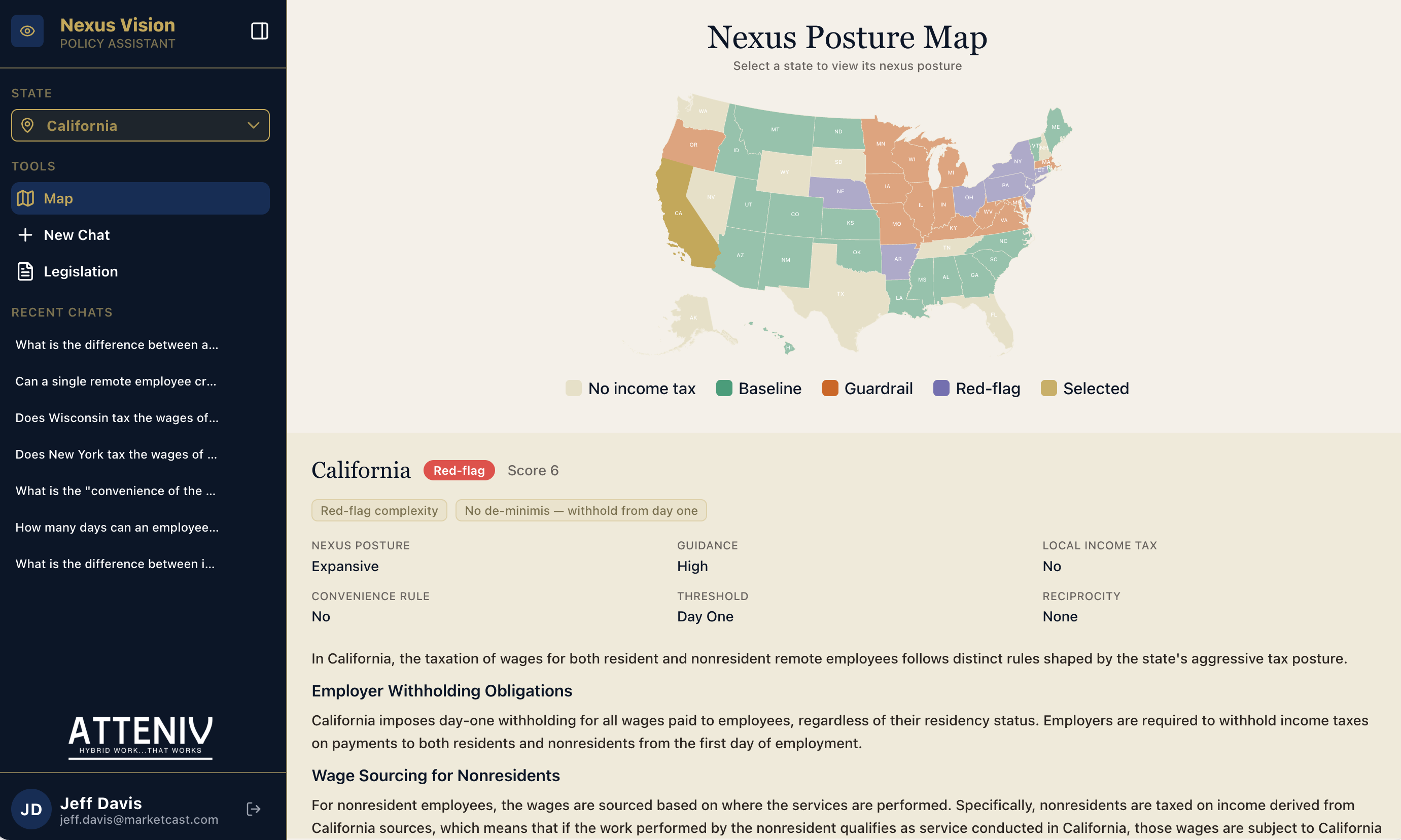 Nexus Vision California state profile showing nexus posture, withholding obligations, and wage sourcing rules