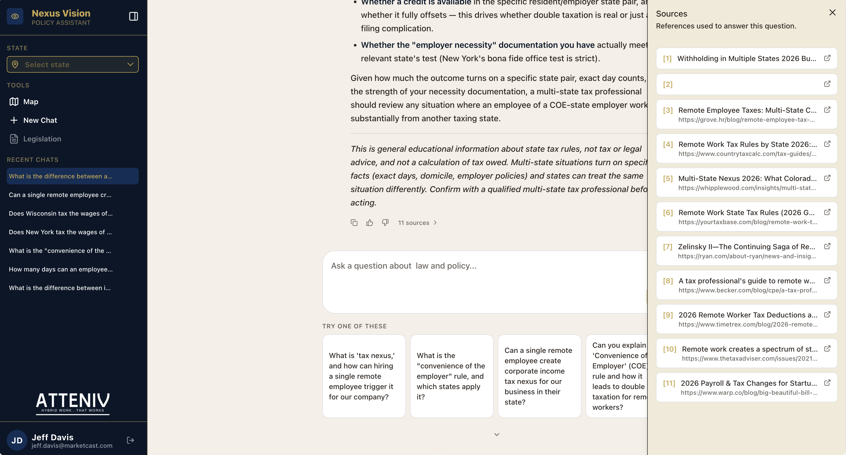 Nexus Vision answer with sources panel showing 11 cited references used to ground the response